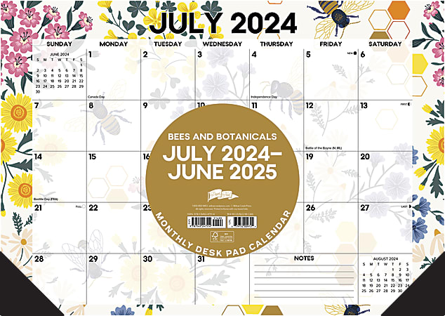 2024-2045 Willow Creek Press Academic Monthly Desk Pad Calendar, 12" x 17", Bees and Botanicals, July To June, 47514