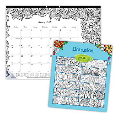 Blueline® DoodlePlan™ Monthly Coloring Desk Pad, 22" x 17", Botanica Design, January to December 2018 (C2917311-18)