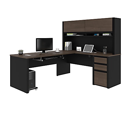 Bestar Connexion 72"W L-Shaped Corner Desk With Hutch And Pedestal, Antigua/Black