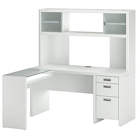 Kathy Ireland Office New York Skyline 60" L-Desk With Glass Return & Hutch, Plumeria White