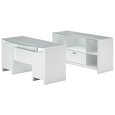 Kathy Ireland Office By Bush® New York Skyline 63" Double Pedestal Desk With Bow Front Glass Top and Credenza Bundle, Plumeria White