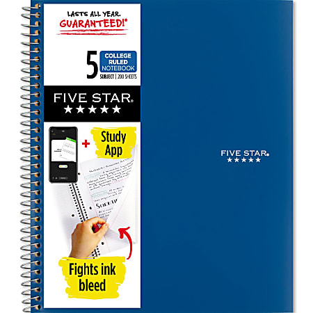 Five Star® Wire-Bound Notebook, 8-1/2" x 11", 5 Subject, College Ruled, 200 Sheets, Pacific Blue