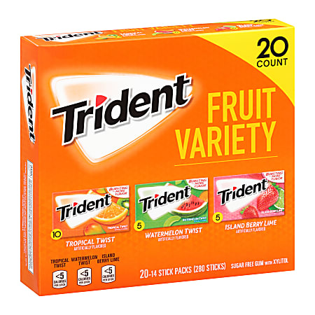 Trident Sugar-Free Gum, Fruit, 14 Pieces Per Pack, Case Of 20 Packs