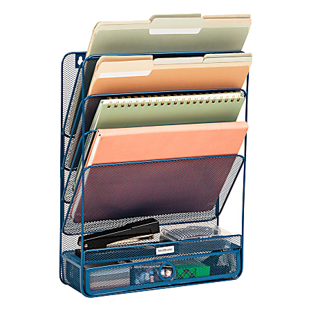 Mind Reader 4-Tier Wall Mount Vertical File Storage With Drawer, 16-1/2"H x 4"W x 12-1/2"D, Turquoise