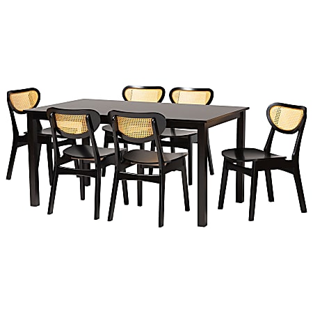 Baxton Studio Jeriah Mid-Century Modern Wood and Woven Rattan 7-Piece Dining Set, Dark Brown/Light Brown