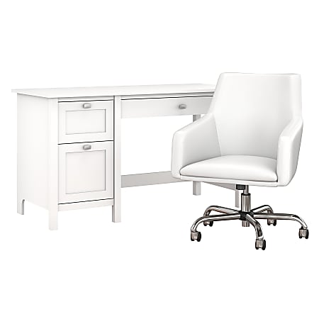 Bush Furniture Broadview 54"W Computer Desk With Mid-Back Leather Box Chair, Pure White, Standard Delivery