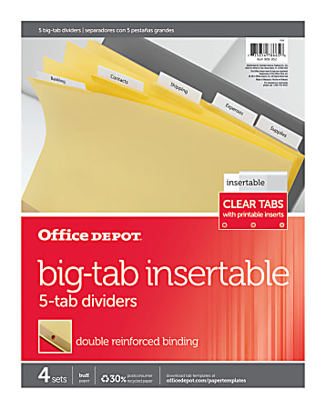 Office Depot® Brand Insertable Dividers With Big Tabs, Buff, Clear Tabs, 5-Tab, Pack Of 4 Sets