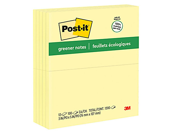 Post-it® Greener Notes, 3" x 5", Canary Yellow, Pack Of 12 Pads