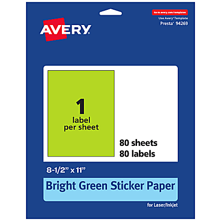 Avery® Printable Sticker Paper, 94269-BGP80, Rectangle, 8-1/2" x 11", Matte Bright Green, Pack of 80