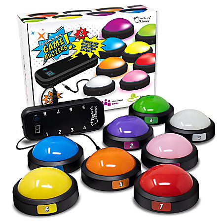 Teachers Choice Light-Up Game Buzzer System, 3-5/16&rdquo; x 10&rdquo; x 7-7/16&rdquo;, Multicolor, Pack Of 8 Buzzers