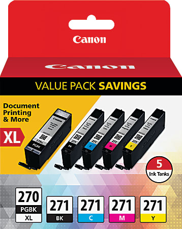 Canon PGI270 XL Black; CLI-271 Black; Cyan; Magenta; Yellow High-Yield/Standard Yield Ink Tanks, Pack Of 5, 0319C006