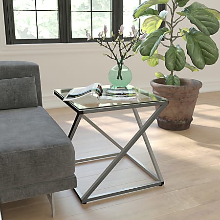 Flash Furniture Square Glass End Table, 21-3/4"H x 21"W x 21"D, Clear/Silver