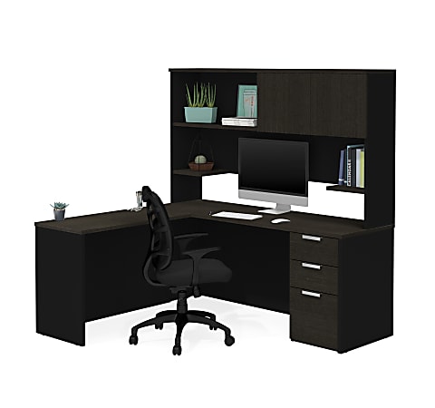 Bestar Pro-Concept Plus 72"W L-Shaped Corner Desk With Pedestal And Hutch, Deep Gray/Black