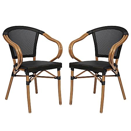Flash Furniture 2 Pack Marseille Indoor/Outdoor Commercial Bistro Stacking Chair with Arms, Black/Natural Frame -2SDAS64218BKN