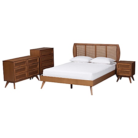 Baxton Studio Asami Mid-Century Modern Finished Wood/Woven Rattan 4-Piece Bedroom Set, King Size, Walnut Brown