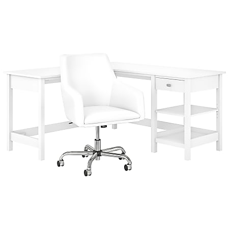 Bush Furniture Broadview 60"W L-Shaped Computer Desk With Storage And Mid-Back Leather Box Chair, Pure White, Standard Delivery