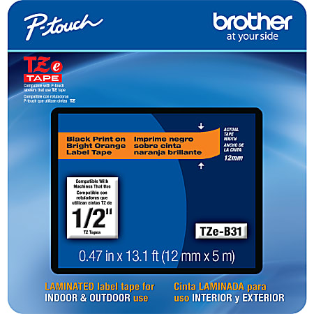 Brother® TZEB31CS Genuine P-Touch Laminated Label Tape, 1/2" x 13-1/8', Black/Fluorescent Orange
