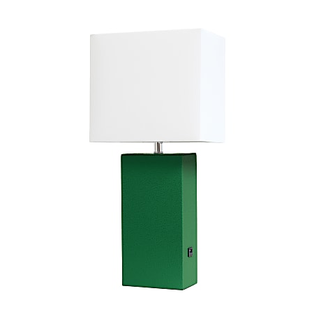 Elegant Designs Modern Leather/Fabric Desk Lamp With USB Port, 21"H, White Shade/Green Base