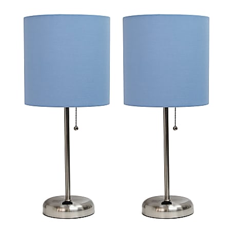 LimeLights Stick Desktop Lamps With Charging Outlets, 19-1/2", Blue Shade/Brushed Nickel Base, Set Of 2 Lamps