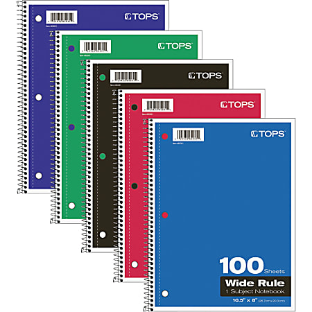 TOPS® Spiral Notebook, 8" x 10-1/2", 1 Subject, Wide Rule, 100 Sheets, Assorted