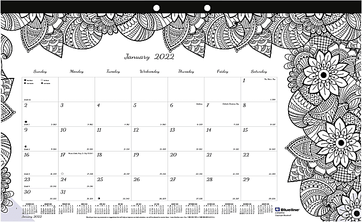 Blueline® DoodlePlan Monthly Coloring Desk Calendar, 10-7/8" x 17-3/4", January To December 2022, C2917001