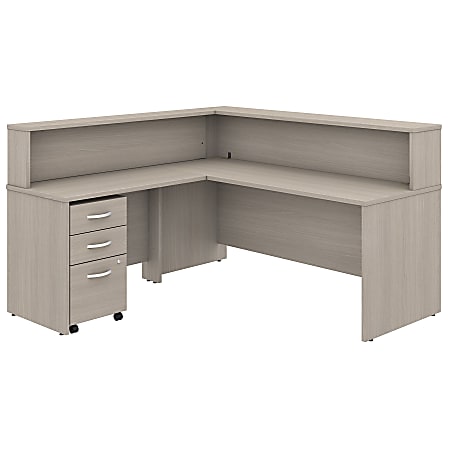 Bush Business Furniture Studio C 72"W x 30"D L-Shaped Reception Desk With Shelf And Mobile File Cabinet, Sand Oak, Standard Delivery