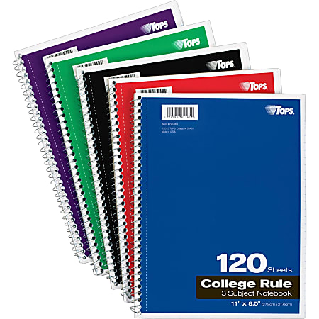 TOPS® Spiral Notebook, 8" x 10-1/2", 3 Subject, College Rule, 120 Sheets, Assorted