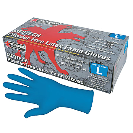 Memphis Glove MedTech Disposable Powder-Free Latex Exam Gloves, Large, Blue, Case Of 500 Gloves
