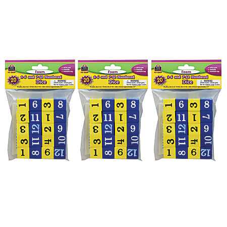Teacher Created Resources Foam 1-12 Numbered Dice, 3/4", Blue/Yellow, 20 Dice Per Pack, Case Of 3 Packs