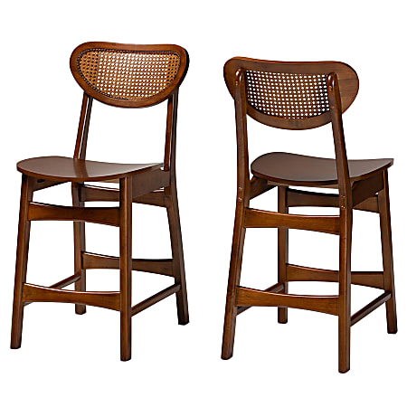 Baxton Studio Hesper Mid-Century Modern Finished Wood/Rattan Counter-Height Stools With Backs, Walnut Brown, Set Of 2 Stools