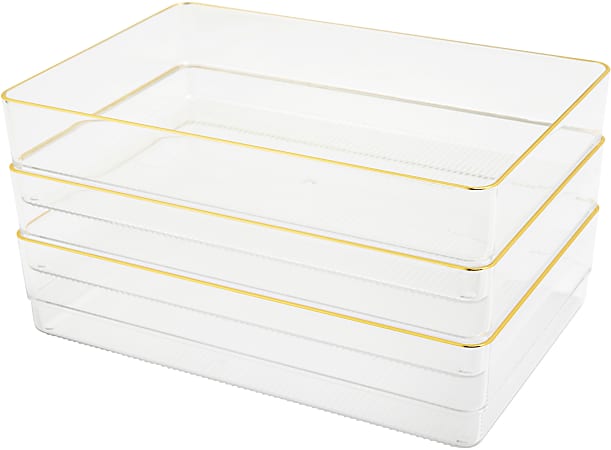 Martha Stewart Kerry Plastic Stackable Office Desk Drawer Organizers, 2"H x 6"W x 9"D, Clear/Gold Trim, Pack Of 3 Organizers