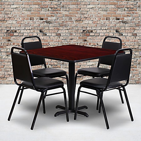 Flash Furniture Square Table With 4 Trapezoidal-Back Banquet Chairs, 30" x 36", Mahogany/Black