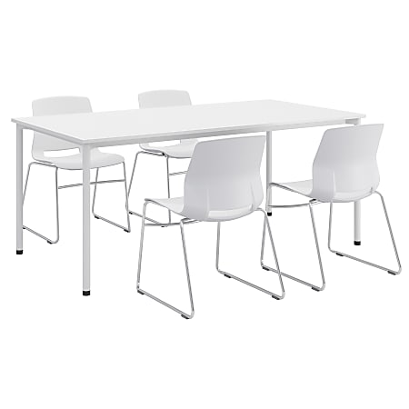 KFI Studios Dailey Table Set With 4 Sled Chairs, White Table/White/Silver Chairs