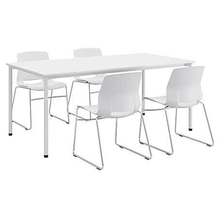 KFI Studios Dailey Table Set With 4 Sled Chairs, White Table/White/Silver Chairs