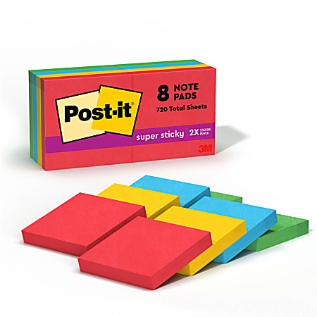 Post-it Super Sticky Notes, 1 7/8 in x 1 7/8 in, 8 Pads, 90 Sheets/Pad, 2x the Sticking Power, Playful Primaries Collection