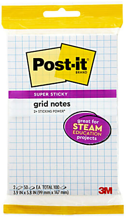 Post-it® Super Sticky Notes, 4 in x 6 in, 2 Pads, 50 Sheets/Pad, 2x the Sticking Power, Back to School Supplies  - 2SSGRID