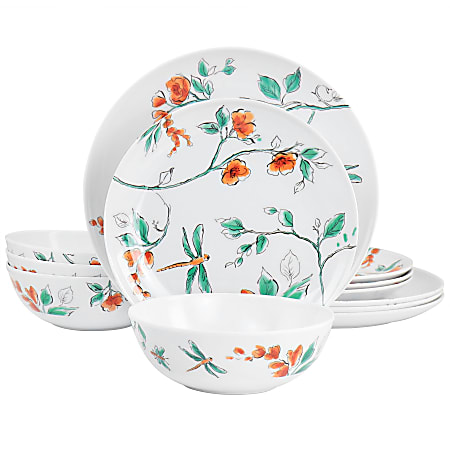 Martha Stewart 12-Piece Dragonfly Melamine Dinnerware Set, White