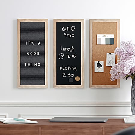 Martha Stewart Everette Cork, Chalk And Letter Board Set, 8" x 18", Black/Brown, Light Natural Woodgrain Frame