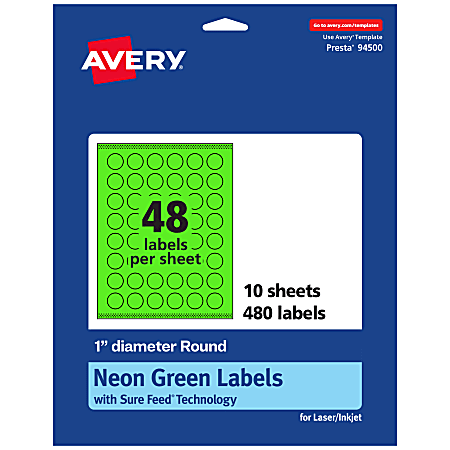 Avery® Print-To-The-Edge Labels With Sure Feed® Technology, 94500-NGP10, Round, 1", Matte Neon Green, Pack of 480