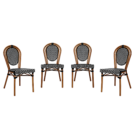 Flash Furniture 4 Pack Lourdes Indoor/Outdoor Commercial Thonet Bistro Stacking Chair, PE Rattan and Aluminum Frame, Black & White/Natural Frame