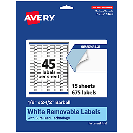 Avery® Removable Labels With Sure Feed®, 94749-RMP15, Barbell, 1/2" x 2-1/2", White, Pack Of 675 Labels