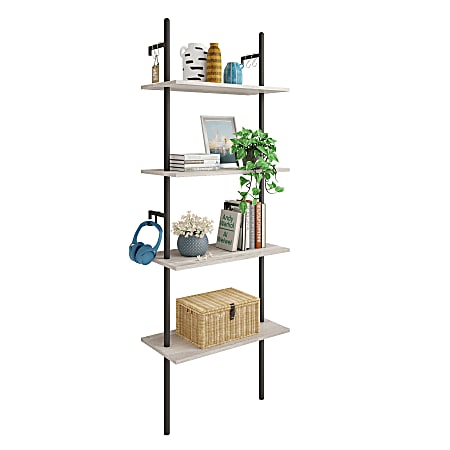 Bestier Industrial 66"H 4-Tier Wall-Mounted Ladder Shelf With 2 Hooks, 24"W, Light Retro Gray Oak