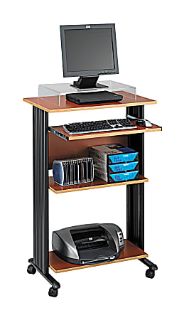 Safco® Muv 30"W Fixed Height Stand-Up Mobile Workstation With 2-Shelves and Keyborad Tray, Cherry/Black