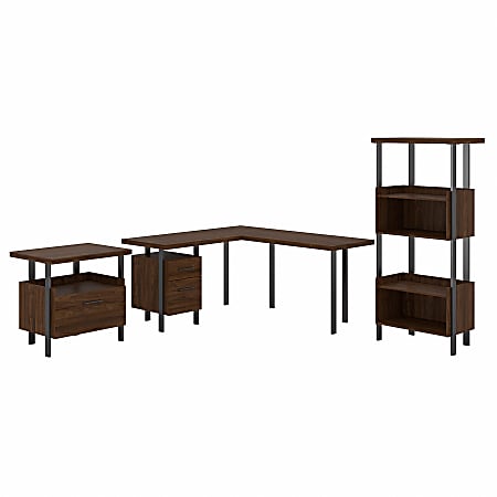 Bush Furniture Architect 60"W L-Shaped Desk With Lateral File Cabinet And 4-Shelf Bookcase, Modern Walnut, Standard Delivery