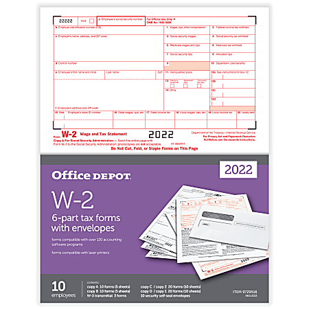 Office Depot® Brand W-2 Laser Tax Forms And Envelopes, 6-Part, 2-Up, 8-1/2" x 11", Pack Of 10 Form Sets