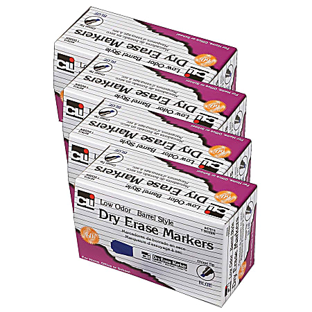 Charles Leonard Dry Erase Markers, Barrel Style, Chisel Point, Blue, 12 Markers Per Box, Set Of 4 Boxes