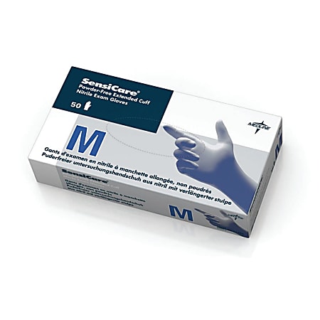 SensiCare® Powder-Free Nitrile Exam Gloves, Medium, Blue, 50 Gloves Per Box, Case Of 10 Boxes