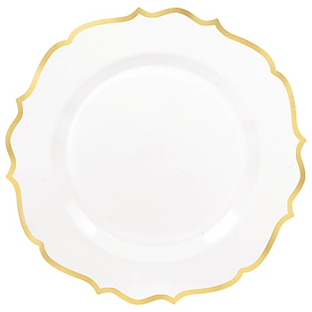 Amscan Ornate Premium Plastic Plates With Trim, 10-1/2", White/Gold, Pack Of 10 Plates