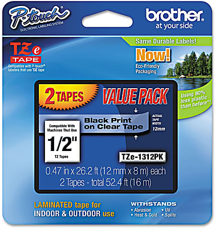Brother® TZe-1312-PK Black-On-Clear Tapes, 0.5" x 26.2', Pack Of 2