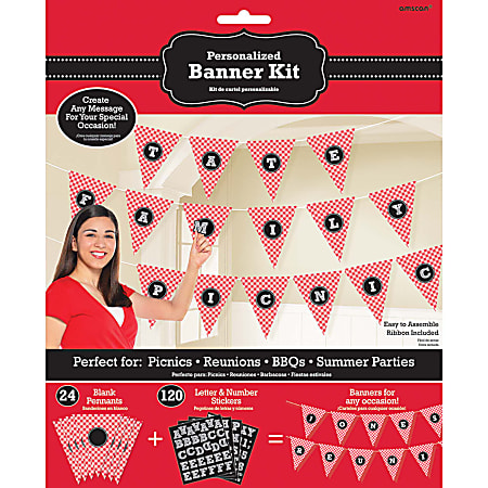 Amscan Summer Picnic Personalizable Gingham Pennant Banners, 10-1/2" x 312", Red, Pack Of 2 Banners